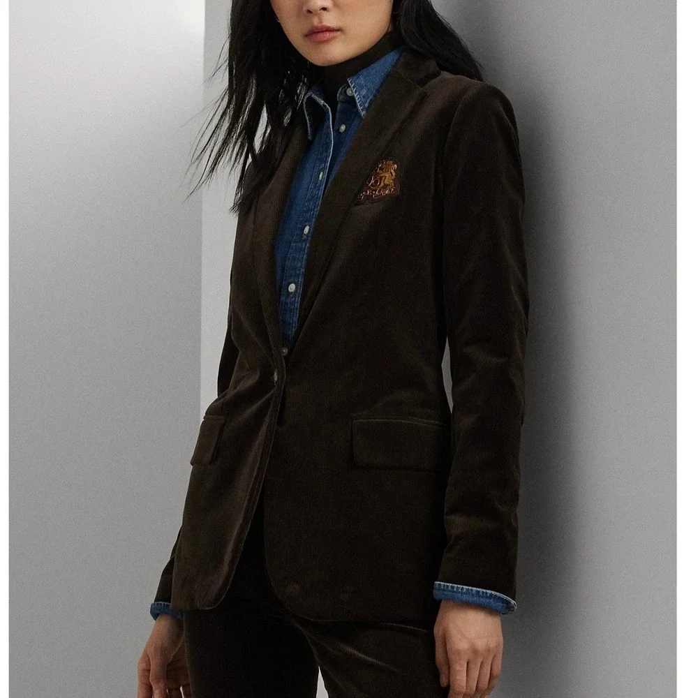 Lauren Ralph Lauren Women Brown Corduroy Blazer Jacket Crest Button Size 22W - Picture 2 of 12
